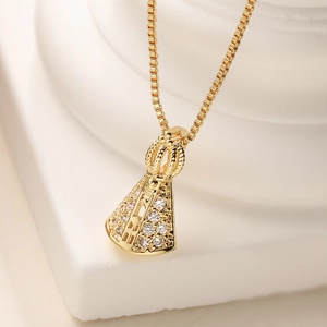 Religious Our Lady of Aparecida 18K gold plated crown necklace with white cubic zirconia