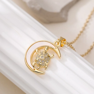 Luxury 18K gold plated turtle moon necklace with sparkling cubic zirconia stones