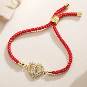 18K gold plated heart Virgin Mary pendant with red braided rope and zircon inlay