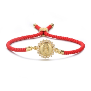18K gold plated Virgin Mary pendant on red braided rope bracelet with cubic zirconia