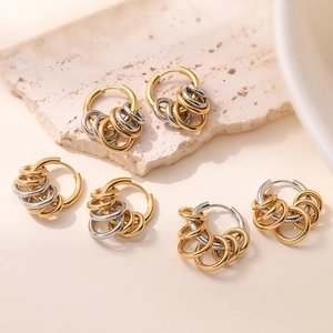 Minimalist 18K gold and silver contrast multi-loop stainless steel hoop earrings for women