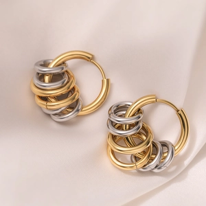 18K gold plated stainless steel hoop earrings with layered gold and silver rings