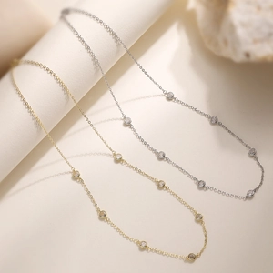 Elegant 18K Gold Plated Copper Necklace For Women With 7 Round Zirconia Stones Minimalist Station Link Chain Jewelry