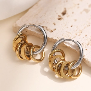 Minimalist 18K gold plated stainless steel two-tone hoop earrings with layered ring design
