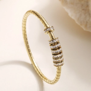 Luxury 18K Gold Plated Stainless Steel Bangle For Women Cubic Zirconia Sliding Lucky Beads Tubogas Flexible Bracelet Jewelry