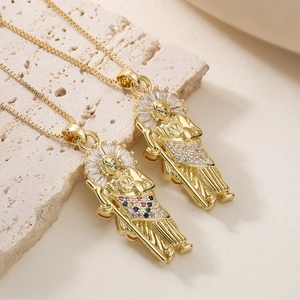 18K Gold Plated Copper Saint Jude Thaddeus Pendant Necklace With Rhinestone Inlay Religious Jewelry For Women Men
