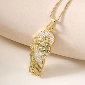 18K gold plated Saint Jude Thaddeus pendant necklace with sparkling zircon halo and robe