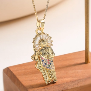 Gold plated St. Jude pendant necklace with colorful zircons and golden box chain