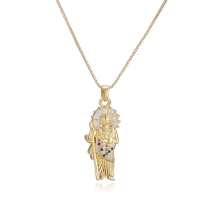 Macro detail of 18K gold plated Saint Jude pendant with colorful zircon stones