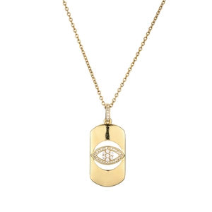 Elegante collar dorado con un colgante rectangular de ojo turco y circonitas microengastadas