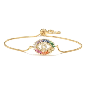 Bracelet œil porte-bonheur doré ajustable avec un design éclatant en zircons arc-en-ciel