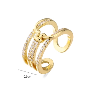 Detail showing the 0.9cm width of this gold ring featuring sparkling cubic zirconia stones