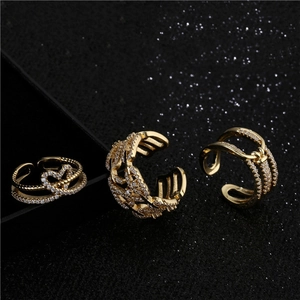 Three-piece gold geometric open ring set with sparkling micro-pave zircons for women