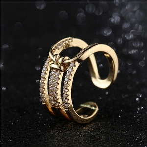 Minimalist Gold Plated Copper Ring For Women Micro Inlaid Zirconia Geometric Triple Row Adjustable Open Ring INS Style Jewelry