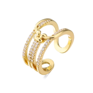 Golden triple-layer open ring with sparkling white zircon micro-inlay for women