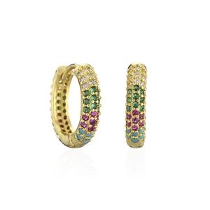 Boucles d'oreilles créoles plaquées or 18 carats avec quatre rangées de zircons colorés