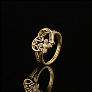 Bague MOM ajustable plaquée or 18K avec motif cœur papillon et zircons brillants
