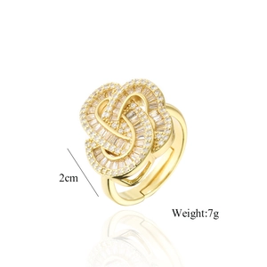 Detail view of gold adjustable ring with micro-pave zircon crystals and 2cm diameter