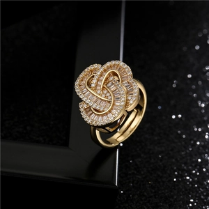 Luxury Gold Plated Copper Zirconia Open Ring Micro Set Cubic Zirconia Geometric Intertwined Floral Knot Adjustable Finger Ring For Women