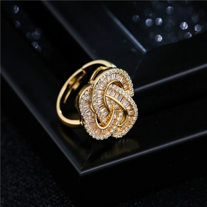 Exquisite gold geometric open ring with micro-paved cubic zirconia for women