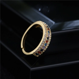 Three-row 18K gold plated open ring with multi-color micro-paved cubic zirconia stones