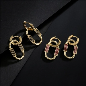 Exaggerated 18K gold-plated oval hoop earrings with black and red micro-pave zircons