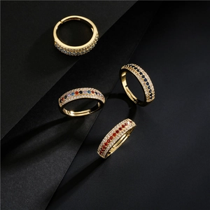 Adjustable 18K gold-plated rings with three rows of colorful micro-pave cubic zirconia