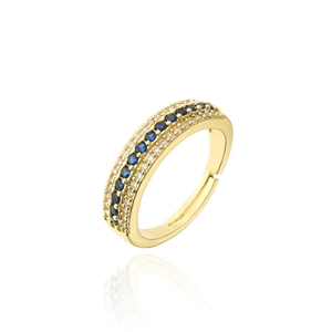 18K gold plated adjustable open ring with three rows of blue and white micro-pave zircons