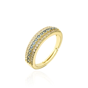 Detail of 18K gold ring featuring three rows of micro-paved blue and white zircon stones