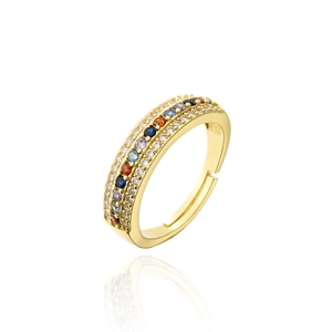 Macro detail of 18K gold ring with three rows of rainbow stones and micro-pave diamonds