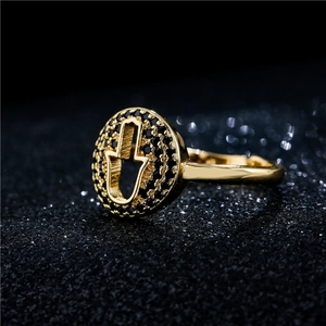 Gold Hamsa Hand open ring with black zircon pavé stones and hollow geometric design