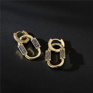 Chunky 18K gold plated chain earrings with blue gemstone and micro-pave crystals