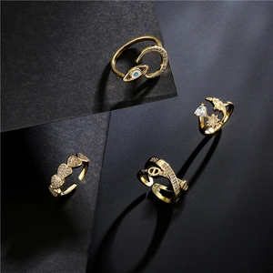 Adjustable copper gold-plated moon eye and star open rings set with sparkling zircon
