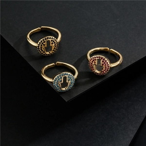 Adjustable gold Hamsa hand open rings with colorful micro-inlaid stones for women