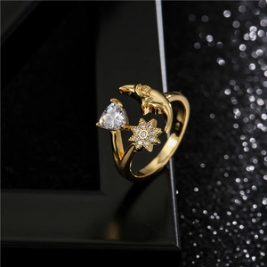 Vintage Gold Plated Copper Star Moon Ring Zircon Inlaid Adjustable Open Finger Rings For Women Fashion Jewelry
