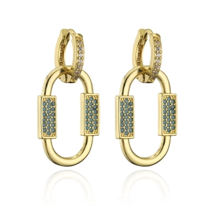 Chic 18K gold-plated hoop earrings with blue zircon-encrusted carabiner style charms