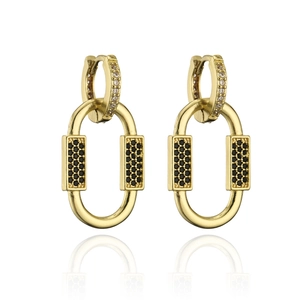 Detail of 18K gold plated carabiner drop earrings with black and white zircon micro-paving