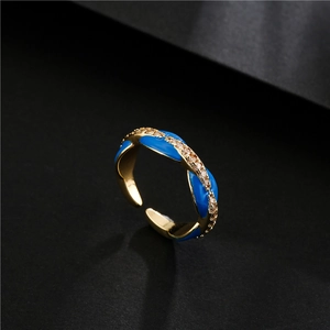 18K gold plated copper ring with blue enamel twists and micro-pave zirconia crystals