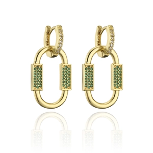 Detail of 18K gold plated hoop earrings featuring sparkling micro-pave green crystals