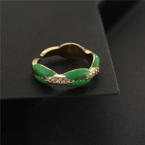 Adjustable 18K gold plated copper ring with green enamel inlay and sparkling zircon crystals