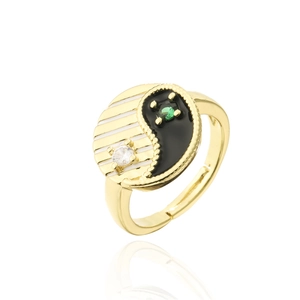 Adjustable gold plated yin yang ring with black enamel and sparkling zircon stones