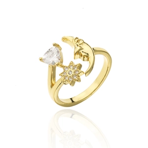 Adjustable gold ring with celestial moon, star charms and sparkling triangle zircon stones