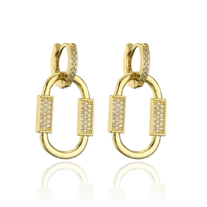 Detailed view of 18K gold plated oval hoop earrings with pave white zircon accents