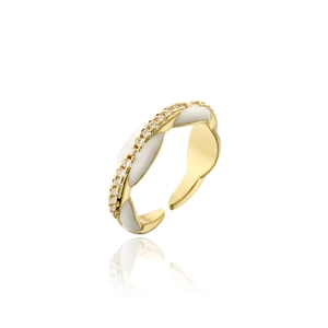 Detailed close-up of 18K gold plated ring with white enamel and micro-set cubic zirconia