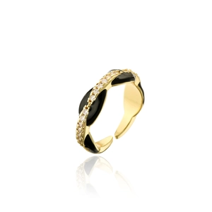 18K gold plated copper ring with black enamel wave pattern and sparkling white zircons