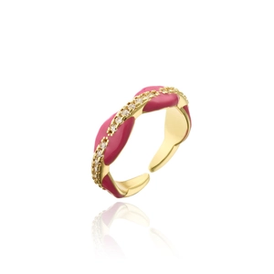 Detail of 18K gold plated ring with pink enamel and sparkling white zircon accents