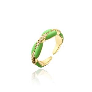 Detail of 18K gold plated ring with green enamel inlay and rows of white zircons