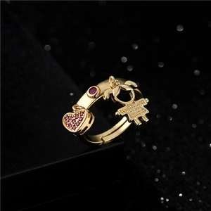 18K gold-plated open ring with red heart pendant and girl silhouette charm