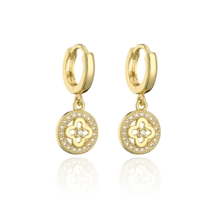 Elegantes pendientes de cobre chapados en oro 18K con trébol de circón y cristales