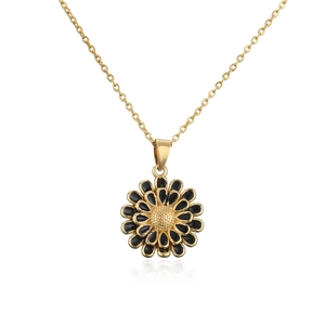 Élégant collier tournesol plaqué or 18 carats avec pétales en émail noir et chaîne croisée